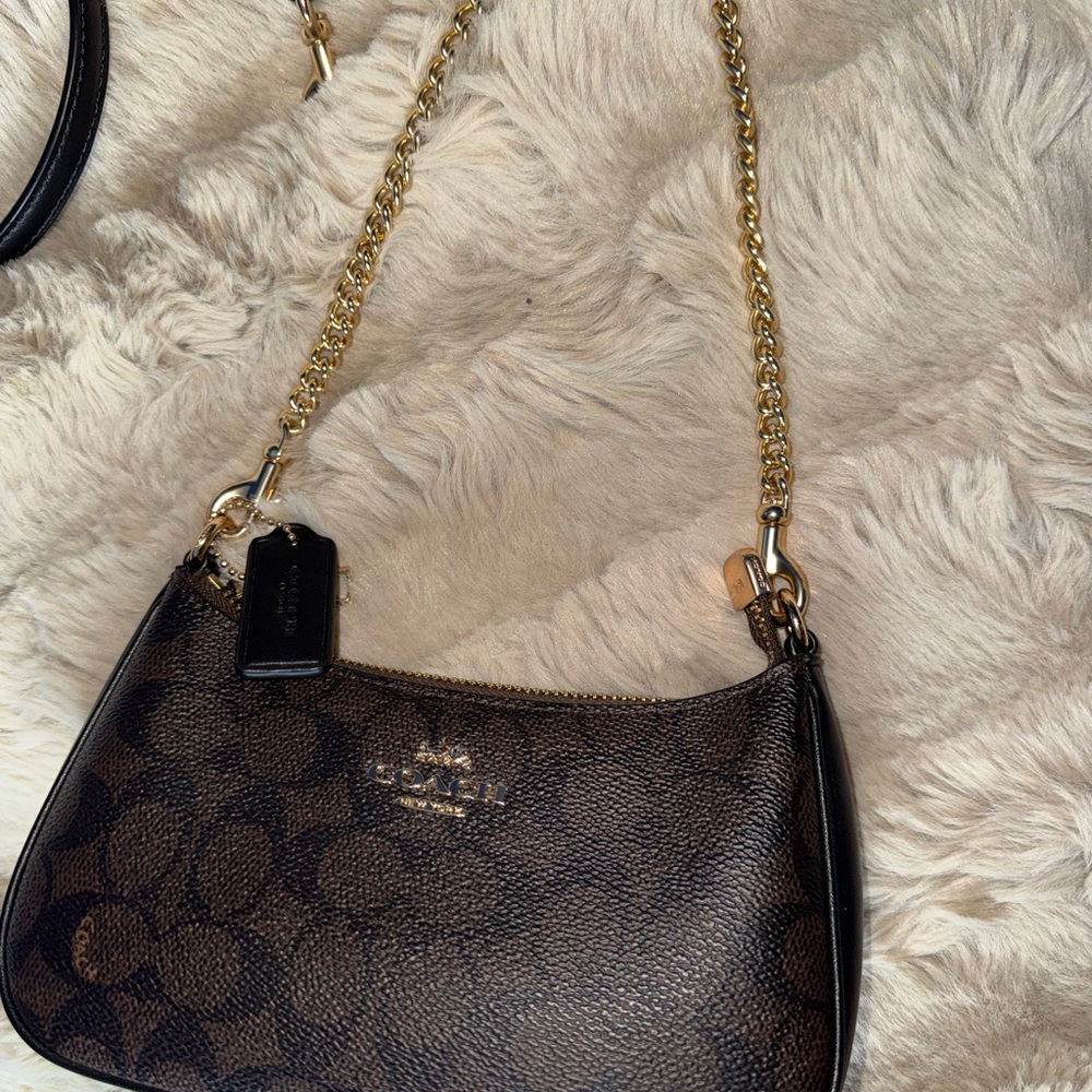 Coach Black and Brown Shoulder Bag with Gold Chain